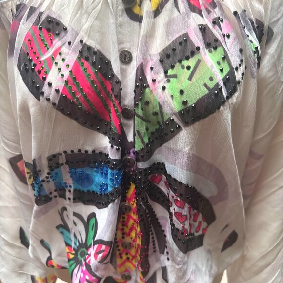 Crimson Ivy Off Shoulder Blouse Flower Print Rhinestone Accents Sz S Multicolor - Picture 7 of 10